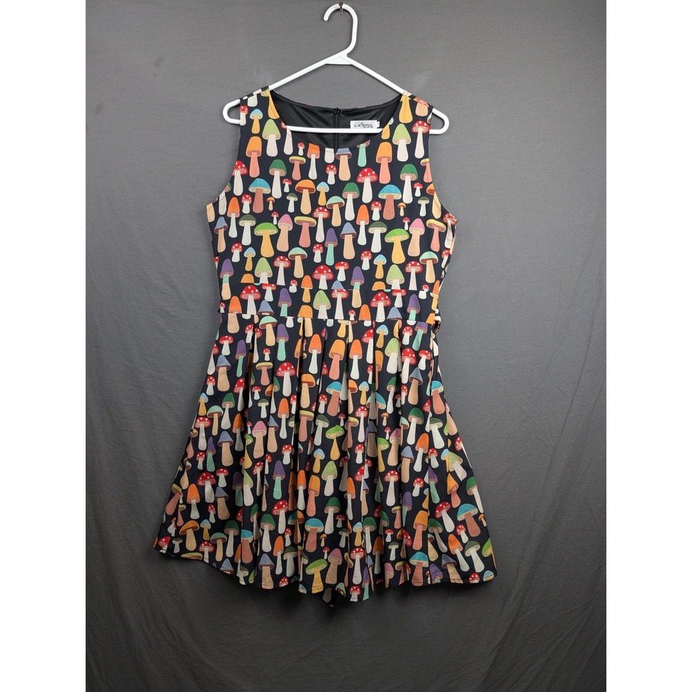 LA Soul Mushroom Print Sleeveless Fit and Flare Dress Medium‎ Black Pockets